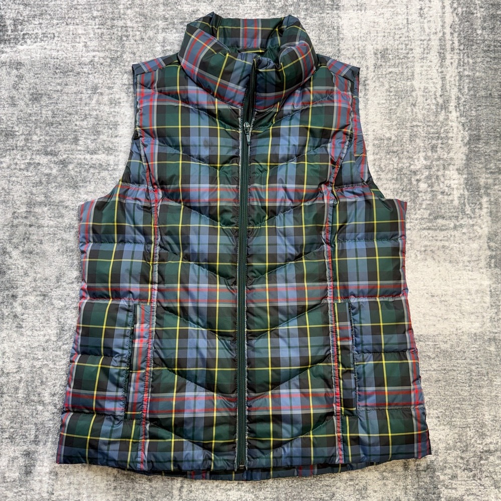 Lands End Vest Womens Medium‎ Green Tartan Plaid Down Insulated Puffer Travel